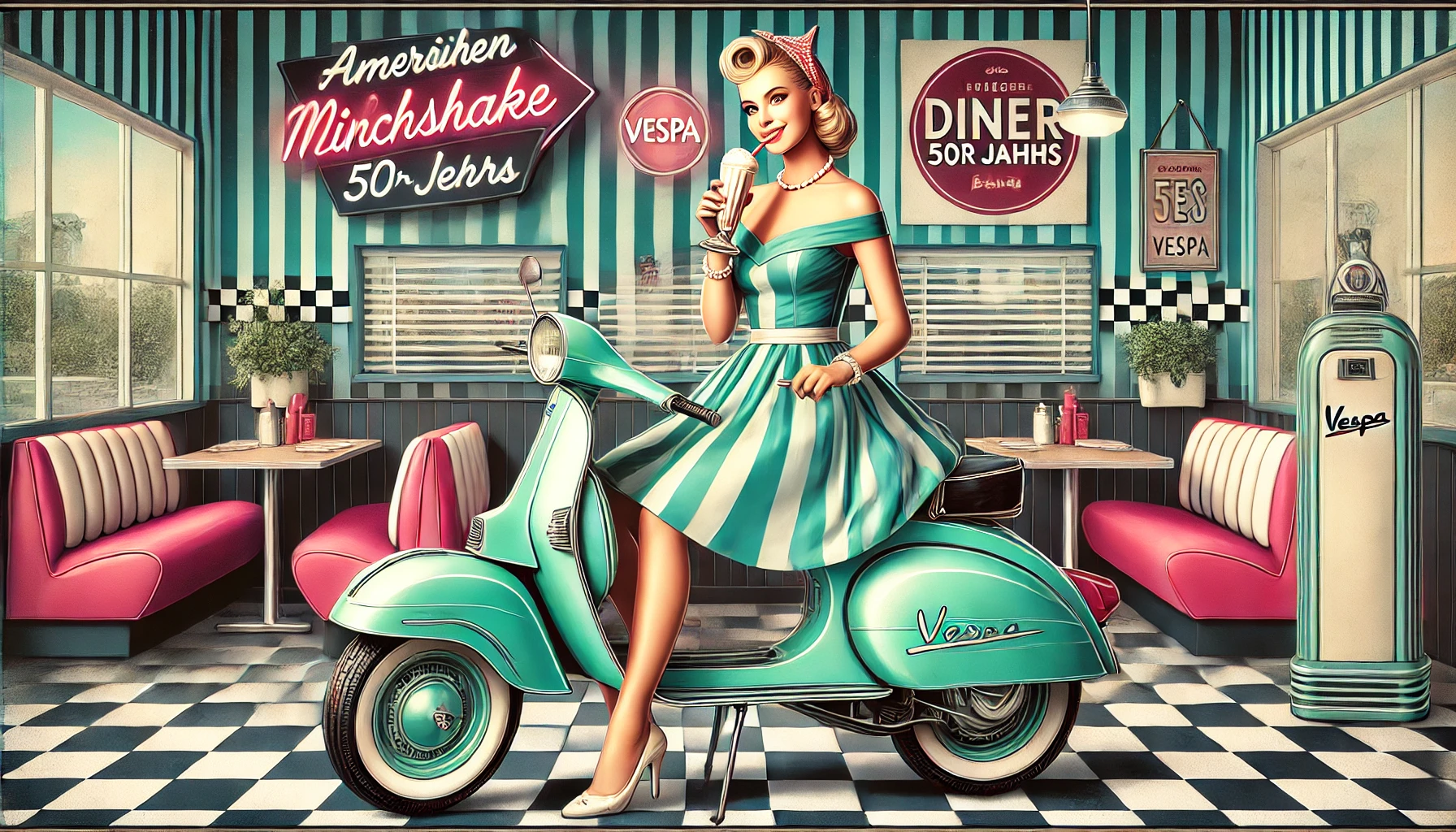 DALL·E 2025-02-27 17.52.41 - Eine stilvolle Vintage-Werbung zeigt eine elegante Frau im 1950er-Jahre-Kleid, die auf einer klassischen mintgrünen Vespa sitzt. Sie hält einen Milchs