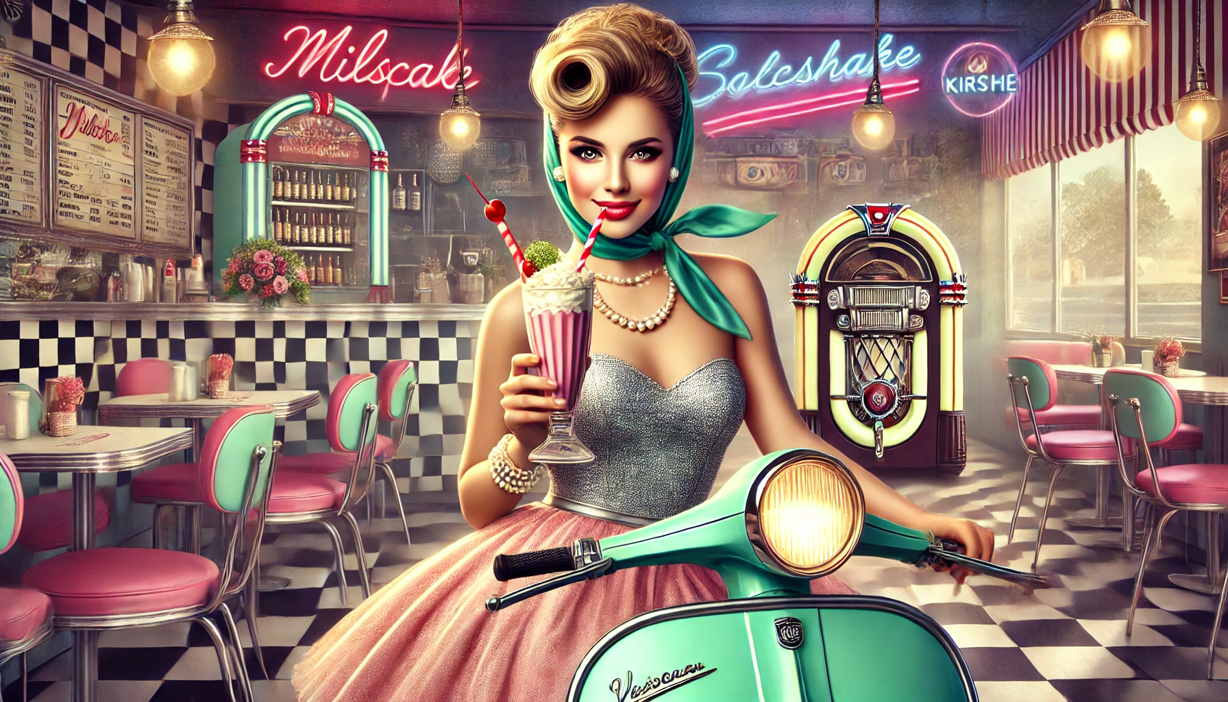 DALL·E 2025-02-27 17.54.36 - Eine spektakuläre Vintage-Werbung zeigt eine elegante Frau im 1950er-Jahre-Kleid mit glamourösen Accessoires, die stilvoll auf einer klassischen mintg